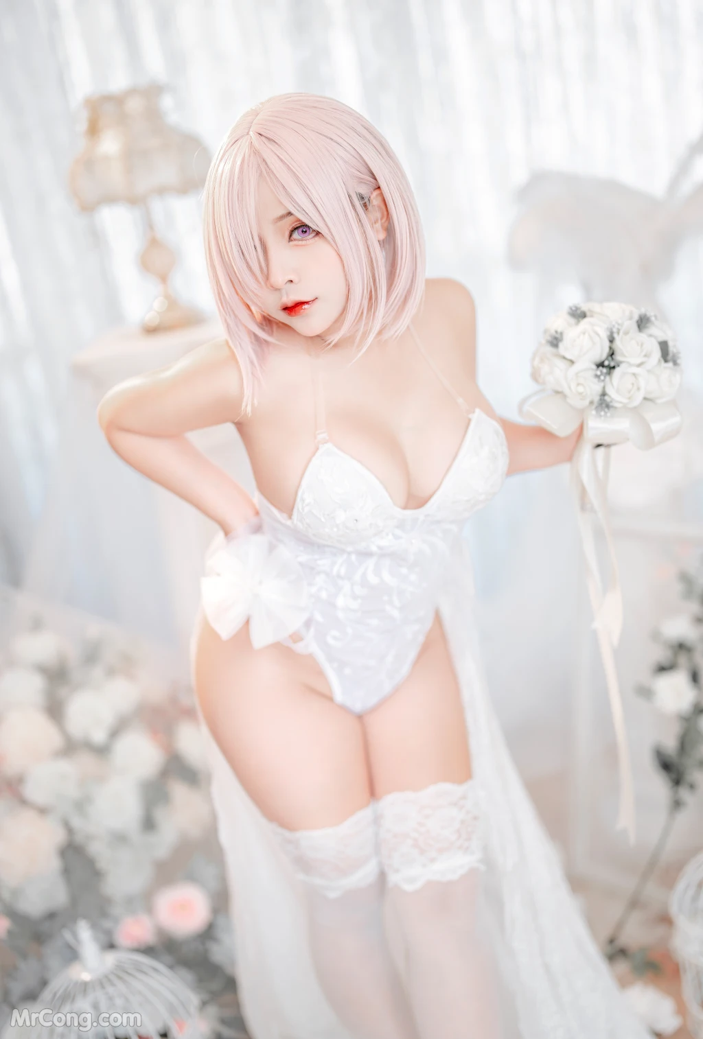 Coser@Sayo Momo: Mashu White Lingerie Body Oil (57 photos )